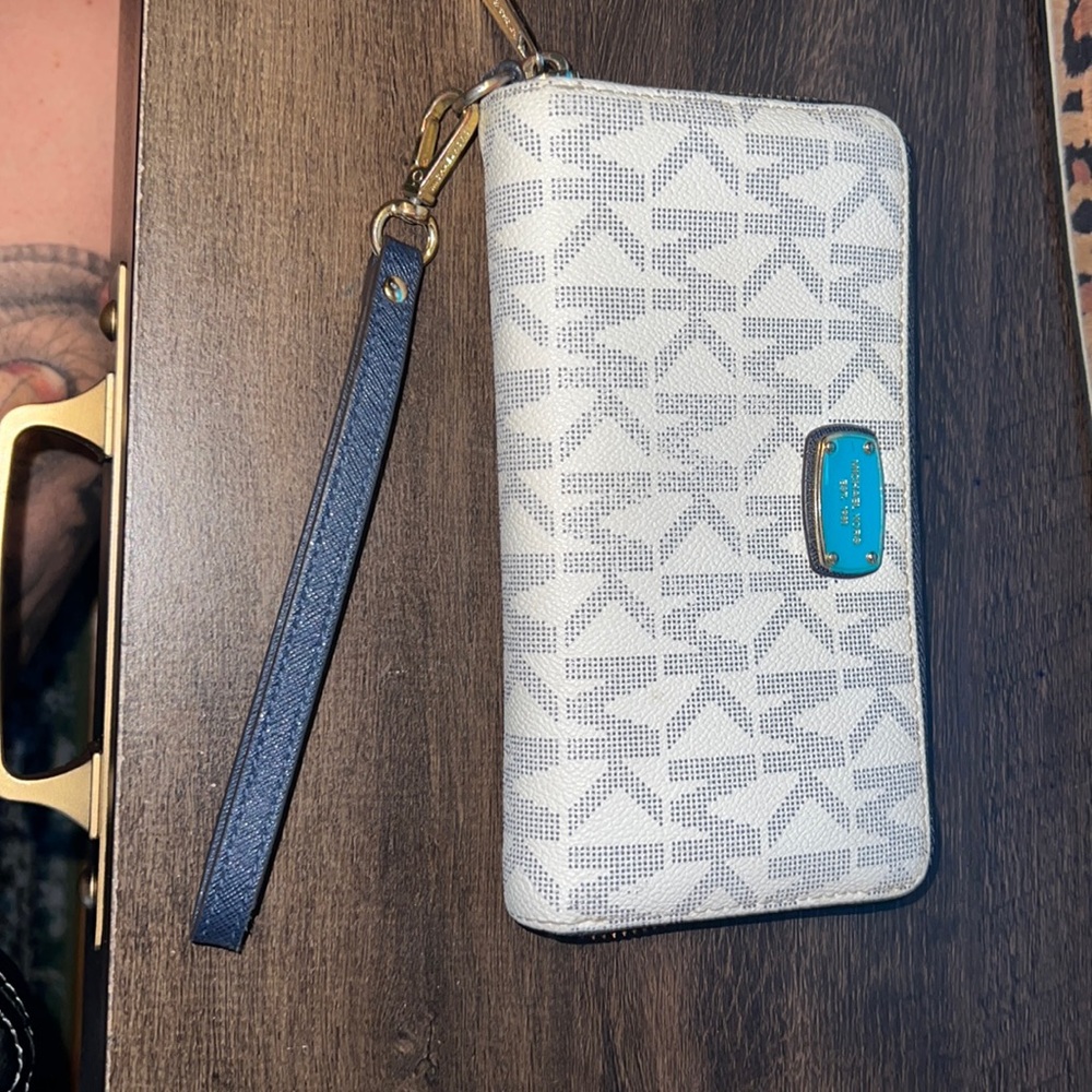 Michael Kors wristlet wallet. Navy and white coated cavas.